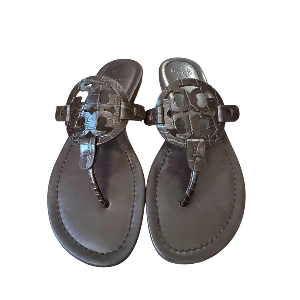 Tory Burch Metallic Bronze Croc-Embossed Miller Thong Sandals - Picture 3 of 6